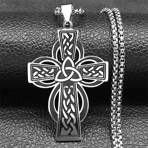 Viking 304 Stainless Steel Black Enamel Box Chain Trinity Knot Cross Pendant Necklaces for Men NJEW-S003-07P-1