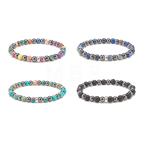 Natural Gemstone & Synthetic Hematite Round Beaded Stretch Bracelet for Women BJEW-JB08306-1