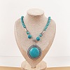 Vintage Alloy with Dyed Synthetic Turquoise Bohemian Flat Round Pendant Round Beaded Necklaces for Women DH5504-1-1