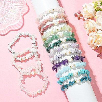 3Pcs 3 Styles Natural & Synthetic Mixed Gemstone Chip & Natural Cultured Freshwater Pearl Beaded Stretch Bracelets Set for Women BJEW-JB13762-1