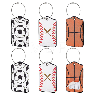 6Pcs Soccer Basketball Baseball PU Leather Luggage Tags with Metal Loops AJEW-GA0011-21-1