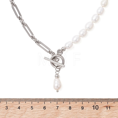 304 Stainless Steel Figaro Chain Natural Cultured Freshwater Pearl Rice Beaded Necklaces with OT Clasps NJEW-JN05959-02-1