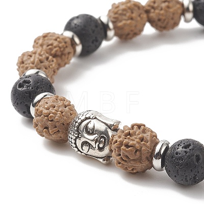 Gemstone & Alloy Buddhist Head & Wood Beaded Stretch Bracelet for Women BJEW-JB09151-1