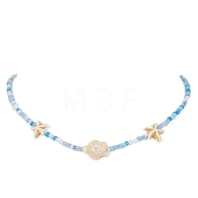 Synthetic Turquoise Starfish & Turtle & Seed Beaded Necklace for Women NJEW-JN04482-02-1