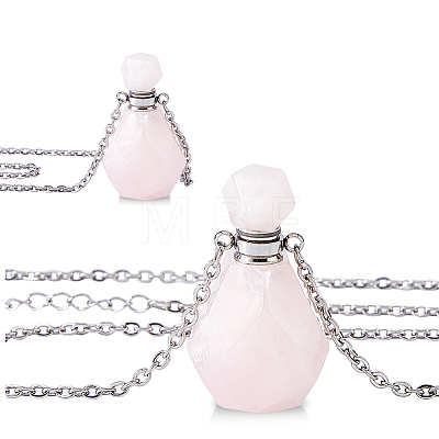 Natural Rose Quartz Faceted Perfume Bottle Pendant 304 Stainless Steel Cable Chain Necklaces NJEW-WH0002-268C-1