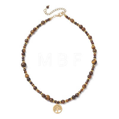 Tree of Life 304 Stainless Steel Pendant Natural Tiger Eye Round Beaded Necklaces NJEW-JN05712-1