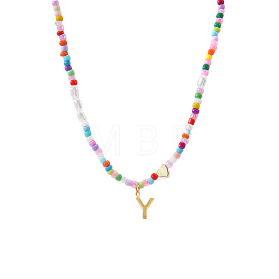 Colorful Beaded Heart Letter Necklace with Pearl Elements Stainless Steel Pendant Jewelry TR2146-25-1