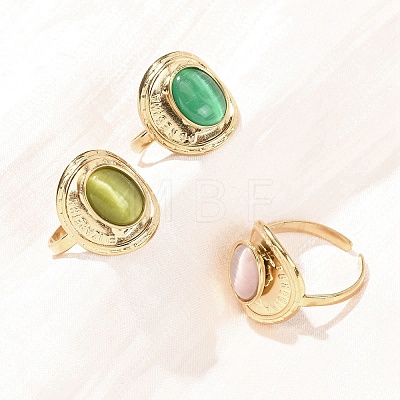 304 Stainless Steel with Glass Cat Eye Cuff Rings for Women RJEW-K309-40D-1