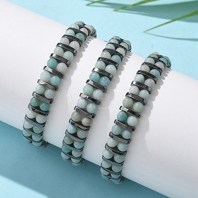 Natural Flower Amazonite and Synthetic Hematite Adjustable Braided Bead Bracelets BJEW-H626-01-06-1