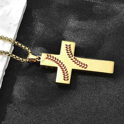 201 Stainless Steel Wheat Cross Pendant Box Chain Necklaces for Women Men NJEW-B124-01G-1