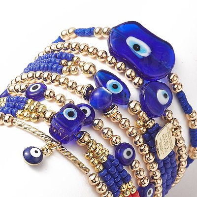 7Pcs 7 Style Evil Eye Lampwork & Glass Seed & Brass Beaded Stretch Bracelets Set for Women BJEW-JB09249-03-1