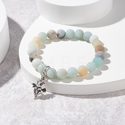 Natural Frosted Flower Amazonite Round Beaded Stretch Bracelet with Dragon Charm BJEW-JB07596-1
