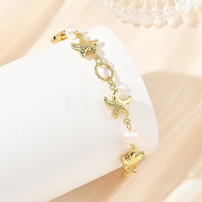 Ocean 304 Stainless Steel Starfish Link Chain Bracelets with Natuarl Pearl for Women BJEW-JB14332-1