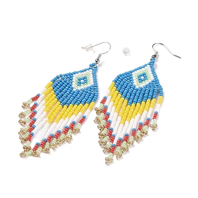Glass Seed Braided Rhombus with Tassel Chandelier Earrings LS-EJEW-H084-03P-1