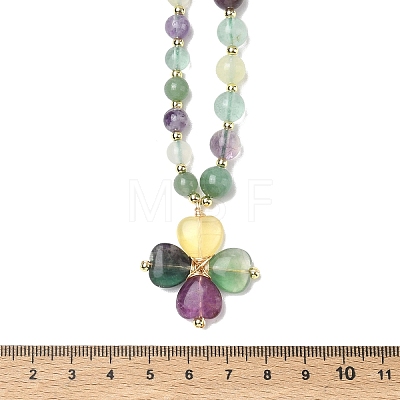 Saint Patrick's Day Natural Fluorite Clover Pendant Round Beaded Necklaces with Brall Heart OT Clasps NJEW-G202-02G-02-1