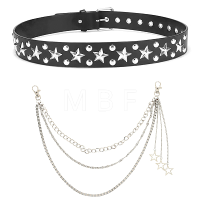 2Pcs 2 Styles Alloy Star & Black PU Leather Chain Belts DIY-CL0002-54-1