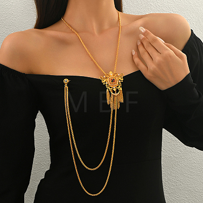 Vintage Gothic Style Brass Pave Cubic Zirconia Flower Long Tassel Lariat Necklace Brooch for Women GO0016-2-1