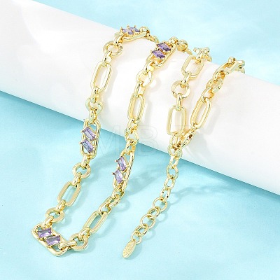 7MM Brass Pave Cubic Zirconia Figaro Chain Necklaces NJEW-D324-05G-02-1