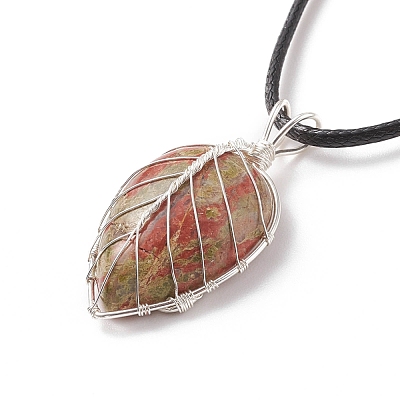 Natural Unakite Leaf Cage Pendant Necklace with Waxed Cords NJEW-TA00035-03-1