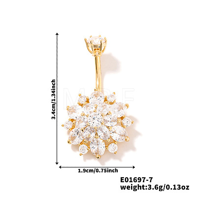 Chic Flower Brass Full Crystal Rhinestone Curved Barbell Belly Button Rings with Shiny Delicate Design YW9589-7-1