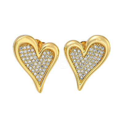 Heart Brass Pave Clear Cubic Zirconia Stud Earrings for Women EJEW-N054-42G-1