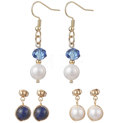 3 Pairs 304 Stainless Steel Natural Cultured Freshwater Pearl Round Earring Sets EJEW-JE06817-01-1