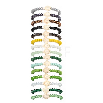 15Pcs 15 Colors Ocean Turtle Synthetic Turquoise & Faceted Rondelle Glass Beads Stretch Bracelets for Women BJEW-JB13643-1