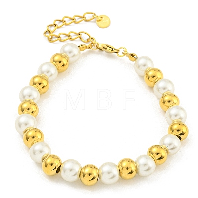 304 Stainless Steel & 201 Stainless Steel & Plastic Pearl Round Beaded Bracelets for Women BJEW-G717-01A-G-1