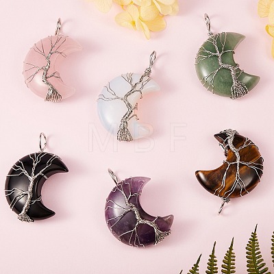 6Pcs 6 Style Natural & Synthetic Gemstone Tree of Life Wire Wrapped Pendants G-SZ0001-66-1