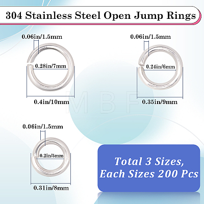 600Pcs 3 Styles 304 Stainless Steel Open Jump Rings STAS-SP0001-70-1