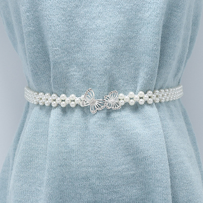 White Plastic Imitation Pearl Beaded Stretch Waist Chains WG08E4F-02-1