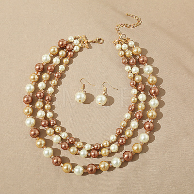 Resin Imitation Pearl Round Beaded Multilayer Necklaces & Dangle Earrings Sets WG4EAB6-04-1