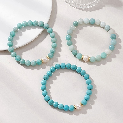 3Pcs Round Natural Amazonite & Synthetic Turquoise & Pearl Beaded Stackable Stretch Bracelets Sets BJEW-JB12991-1