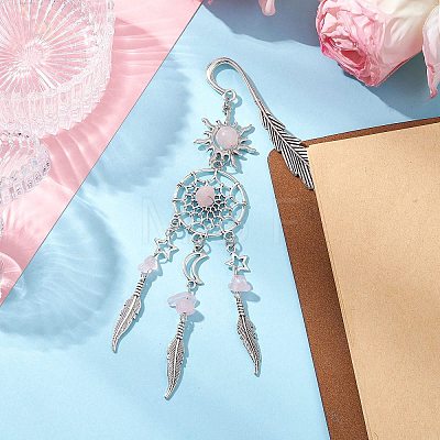 Alloy Sun & Woven Net/Web with Feather Charms Bookmarks AJEW-JK00368-03-1