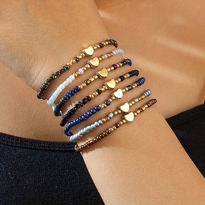 7Pcs CCB Heart & Glass Seed Round Beads Stretch Bracelets FS-WG8F785-02-1