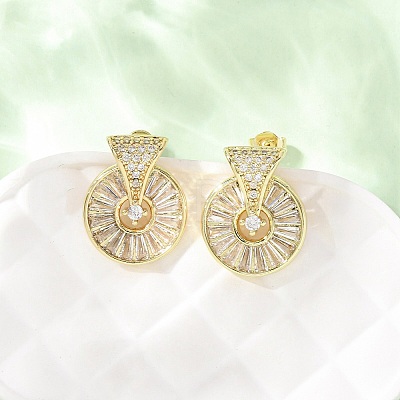 Flat Round Brass Micro Pave Clear Cubic Zirconia Stud Earrings EJEW-D351-11G-1
