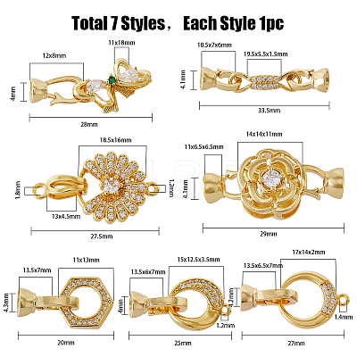 7Pcs 7 Styles Rack Plating Brass Micro Pave Clear Cubic Zirconia Fold Over Clasps KK-FH0004-70-1
