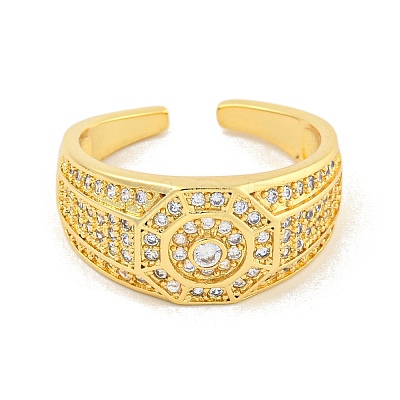 Rack Plating Octagon Brass Micro Pave Cubic Zirconia Cuff Finger Rings for Women RJEW-C103-06G-1