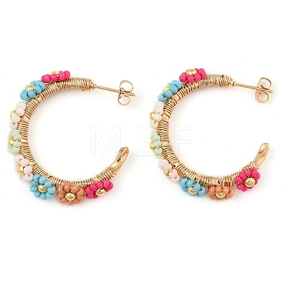 304 Stainless Steel & Bohemian Beaded C-Shaped with Flower Stud Earrings for Women EJEW-R001-03G-01-1