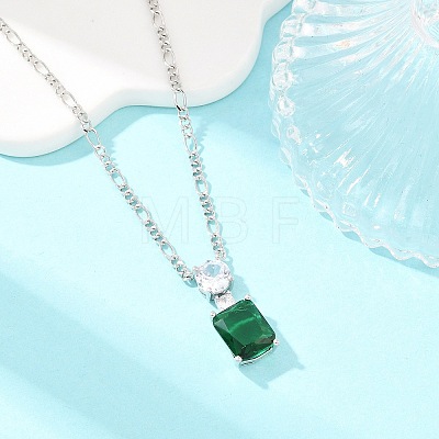 Brass Pave Clear Cubic Zirconia & Green Glass Perfume Bottle Pendant Figaro Chain Necklaces for Women NJEW-F364-02P-1