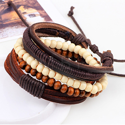 Adjustable Braided Leather Cord Wooden Beaded Multi-strand Bracelets BJEW-P0001-15-1