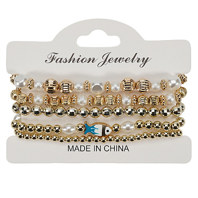 Glass & CCB Plastic Beaded Stretch Bracelets Set FS-WG21267-04-1