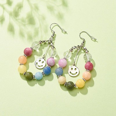 Natural Mixed Gemstone Braided Teardrop Dangle Earrings with 201 Stainless Steel Smiling Face Charms EJEW-JE04951-01-1