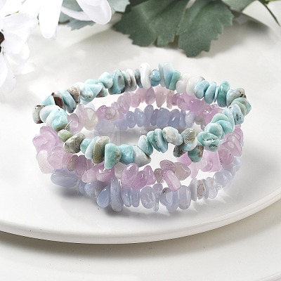 Chips Natural Larimar & Blue Lace Agate & Kunzite Beaded Stretch Bracelets Sets BJEW-JB05332-01-1