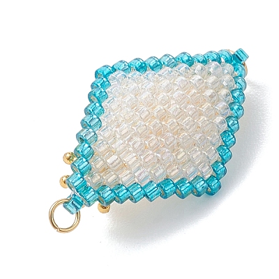 Imitation Pearl & Glass Seed Beaded Floral Rhombus Links Connector Charms PALLOY-MZ01182-01-1