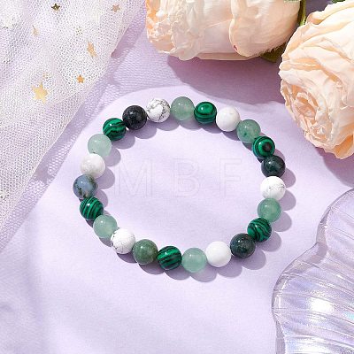 8.5mm Round Natural Moss Agate & Howlite & Natural Green Aventurine & Synthetic Malachite Bead Stretch Bracelets for Women BJEW-JB10944-04-1