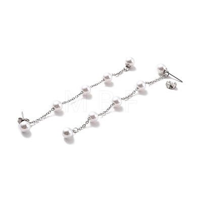Round Plastic Pearl Beaded Long Chain Dangle Stud Earrings STAS-D179-04P-01-1