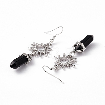 Natural Obsidian Bullet with Sun Dangle Earrings EJEW-I276-01P-10-1