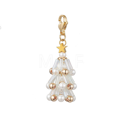 Christmas Tree Glass & Shell Pearl Pendant Decorations HJEW-TA00182-02-1