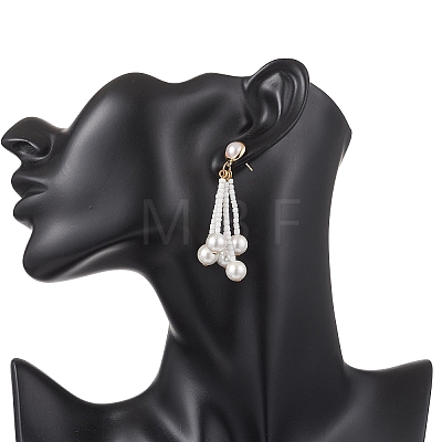 Round Shell Pearl & Glass Seed Beads Dangle Stud Earrings EJEW-TA00768-1
